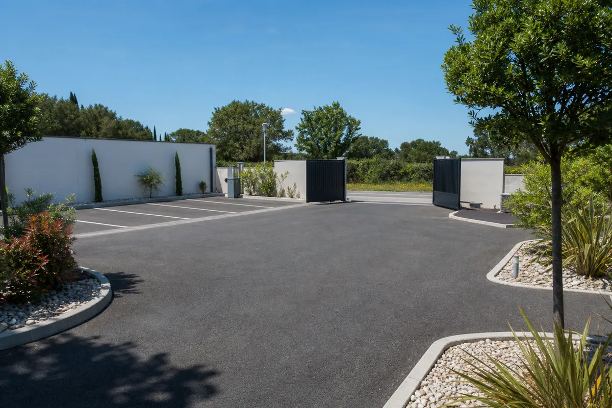 Parking privé résidentiel aménagé en enrobé avec places délimitées