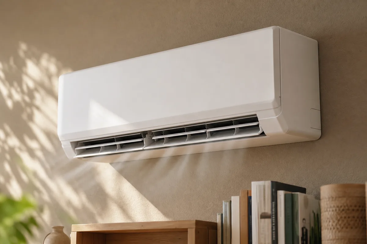 Unité intérieure de climatisation réversible installée dans un salon