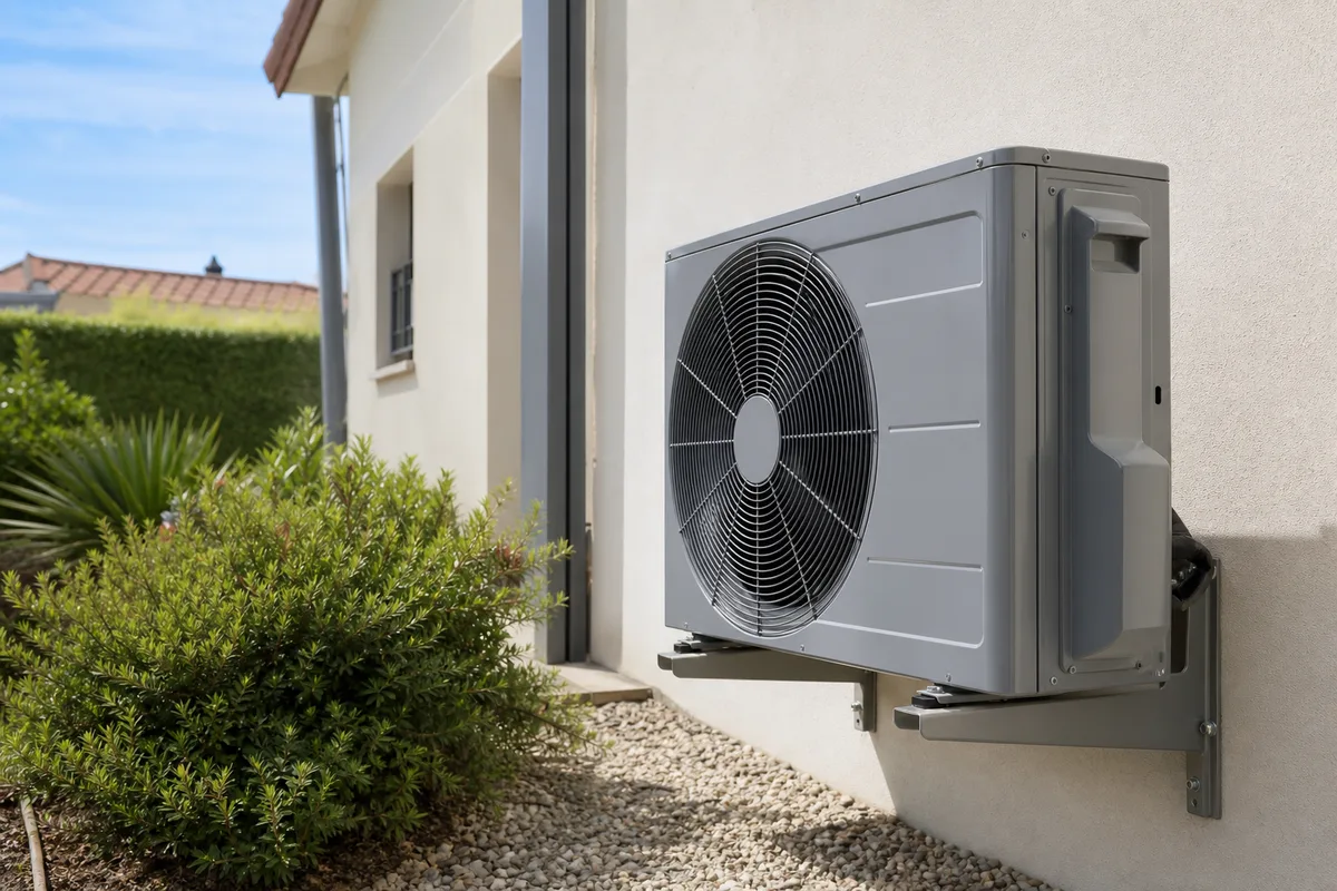 Unité extérieure de pompe à chaleur air-air fixée sur la façade d’une maison