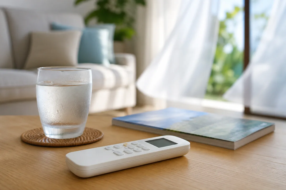 Télécommande de climatisation réversible posée sur une table basse