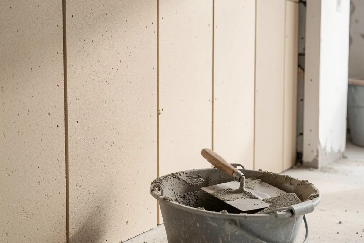 Mur en cours d&rsquo;isolation avec des plaques d&rsquo;isolant beige fixées et un couteau à enduire posé