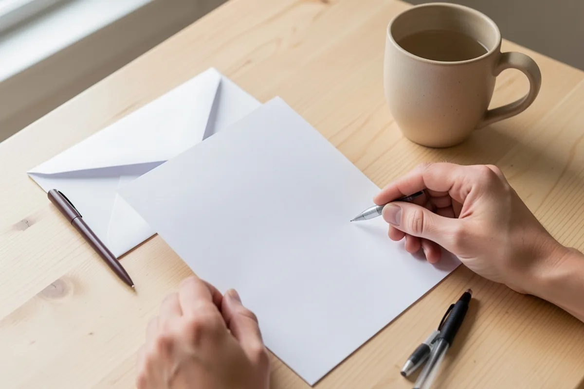 Feuille blanche et enveloppe fermée posées sur une table en bois à côté d&rsquo;une tasse