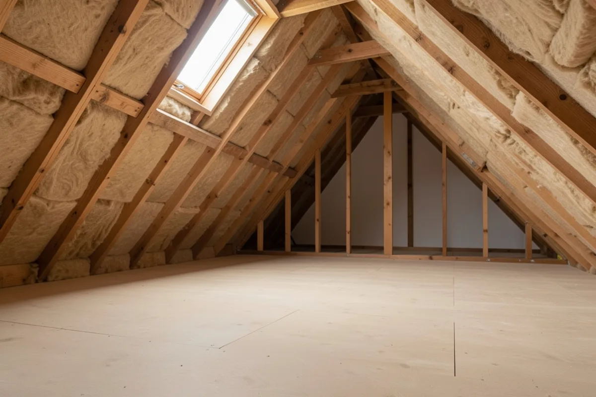 Combles isolés avec de la laine minérale beige entre les chevrons sous une fenêtre de toit