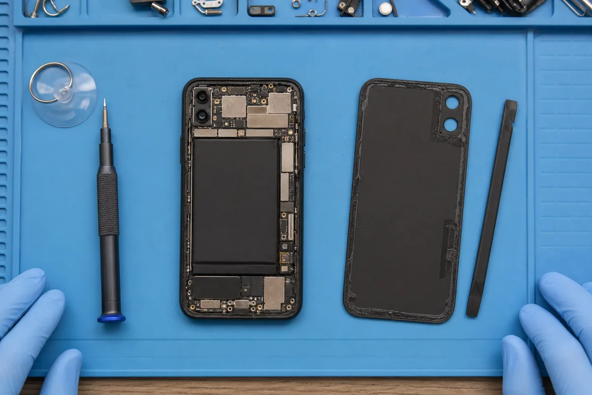 Démontage d&rsquo;un smartphone avec des outils de précision sur un tapis de réparation