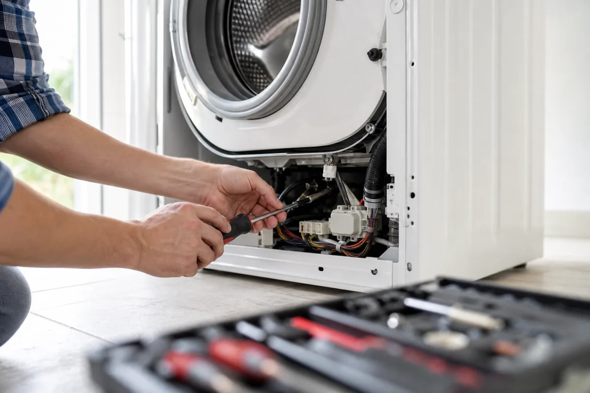 Réparateur resserrant un composant à l&rsquo;intérieur d&rsquo;un lave-linge ouvert