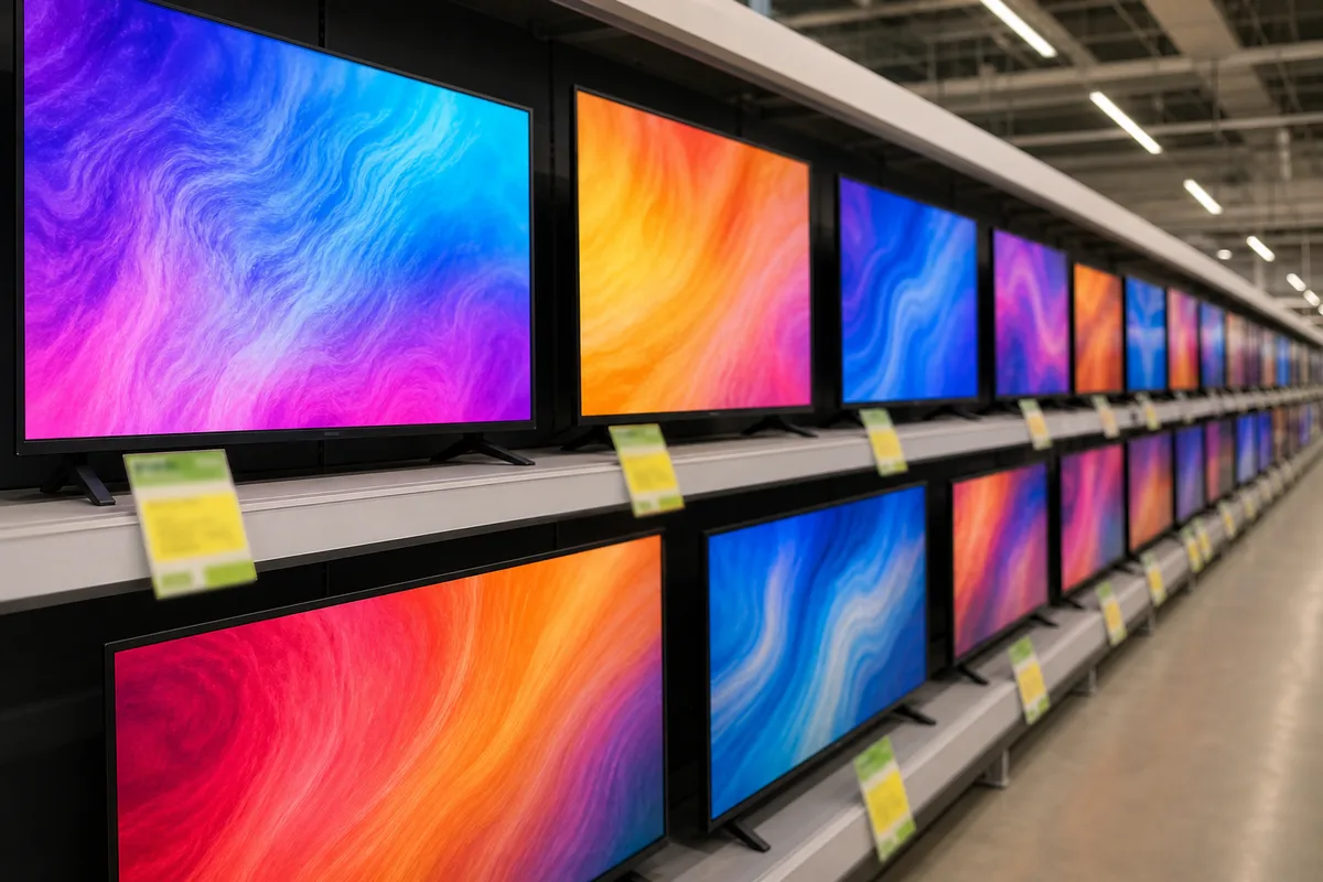 Rayon de téléviseurs en magasin avec étiquettes de notation colorées