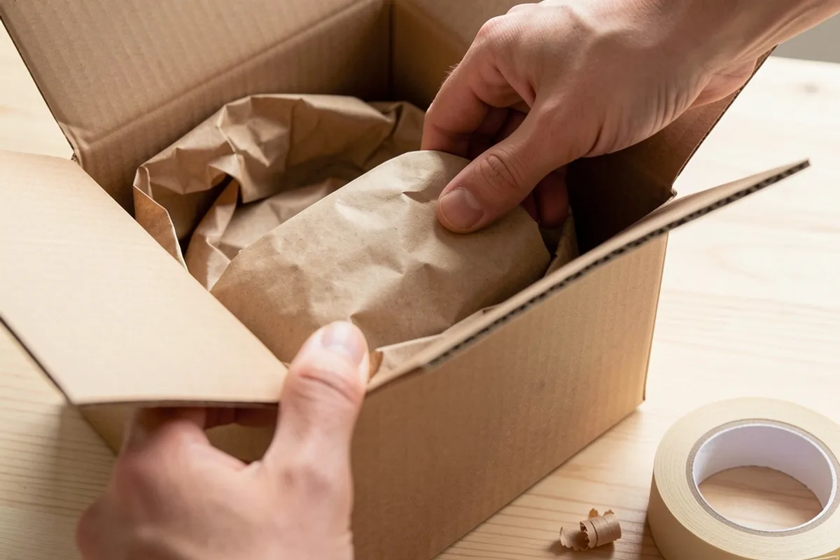 Mains calant un objet dans un carton brun avec du papier kraft froissé sur un poste d&rsquo;emballage