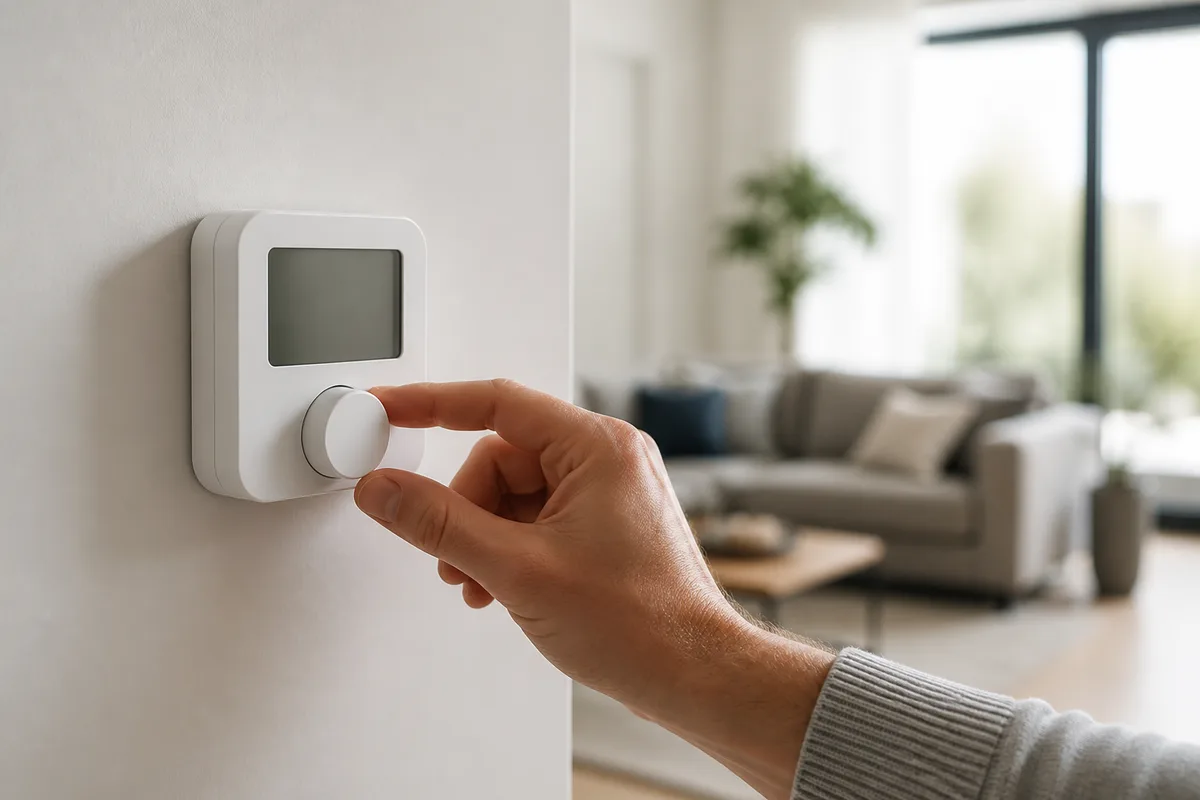 Thermostat mural affichant la température de consigne dans un salon lumineux