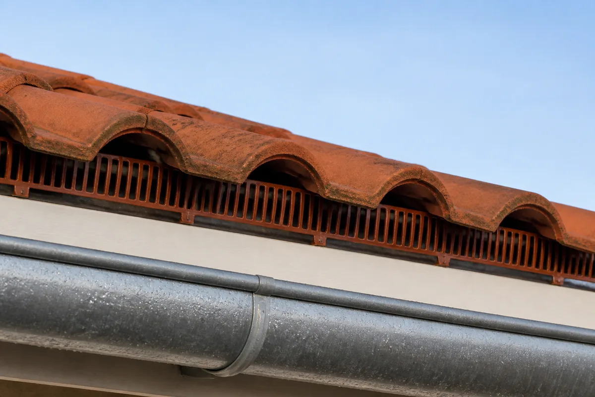 Détail d&rsquo;égout avec peigne de ventilation sous le premier rang de tuiles et gouttière en zinc