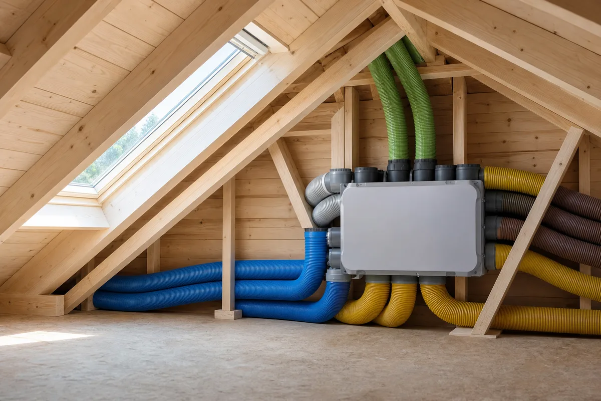 Caisson de VMC double flux avec ses gaines colorées installé dans des combles aménagés