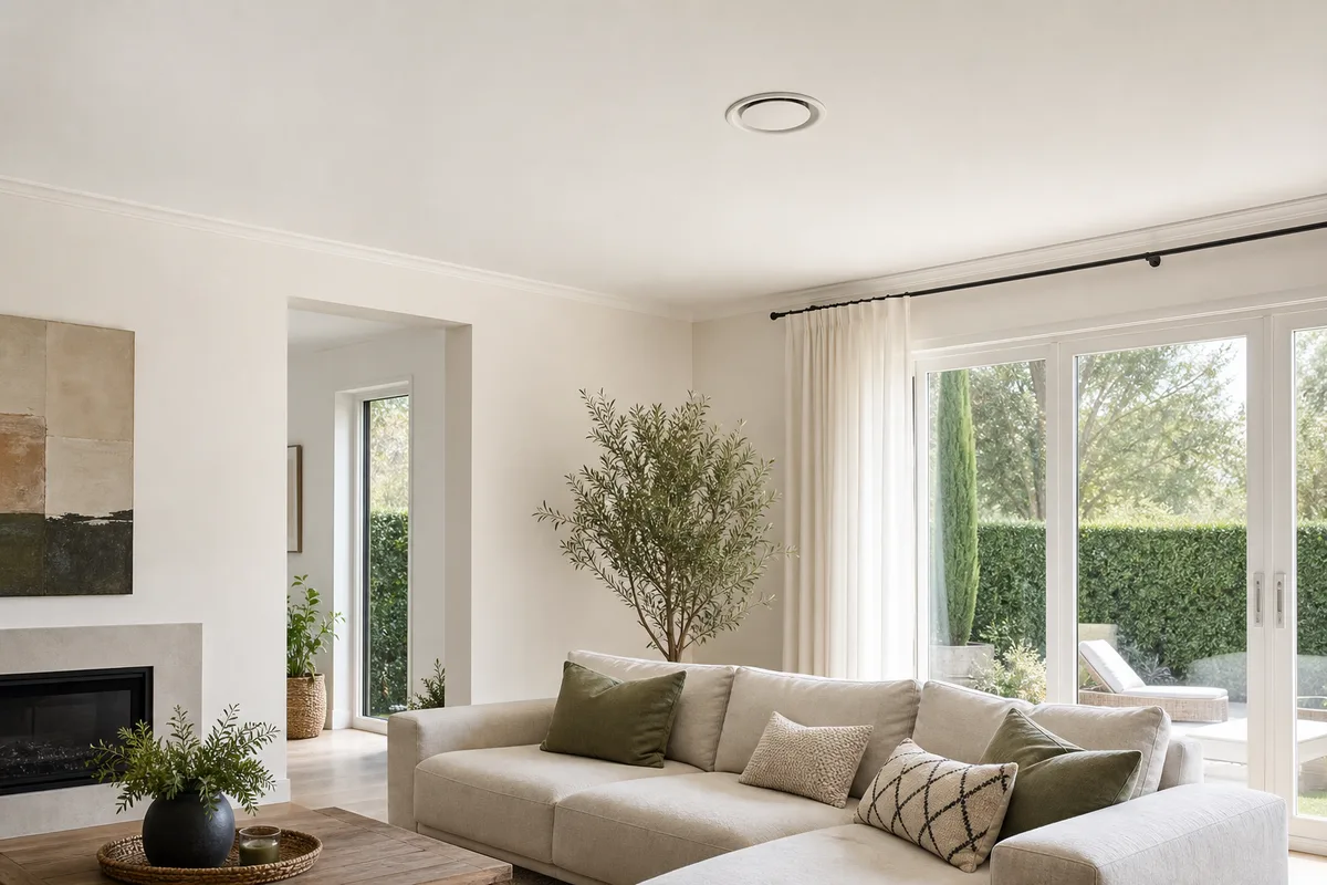 Salon lumineux avec une bouche d’insufflation d’air discrète au plafond