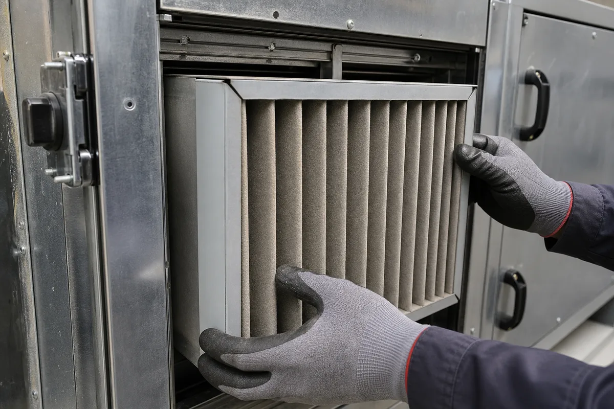 Technicien remplaçant les filtres d’un caisson de ventilation dans un local technique