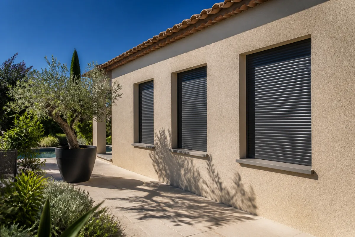 Façade de maison rénovée avec volets roulants baissés sur les fenêtres exposées au soleil